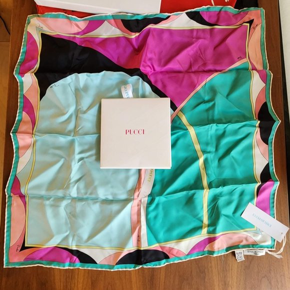 🎈 [Emilio Pucci] SILK Printed Scarf Foulards ITALY Pink Green Black White NEW - Picture 2 of 10